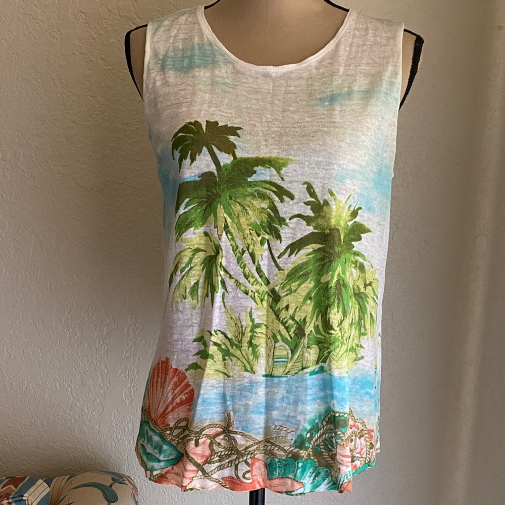 J. Jill Tropical Print Sleeveless Multicolor Linen Top